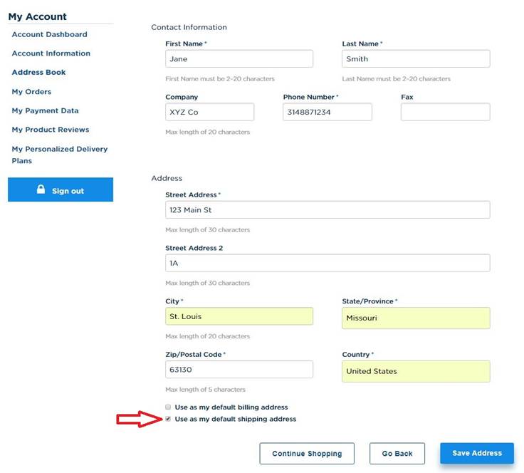 My Account Shipping Contact Information